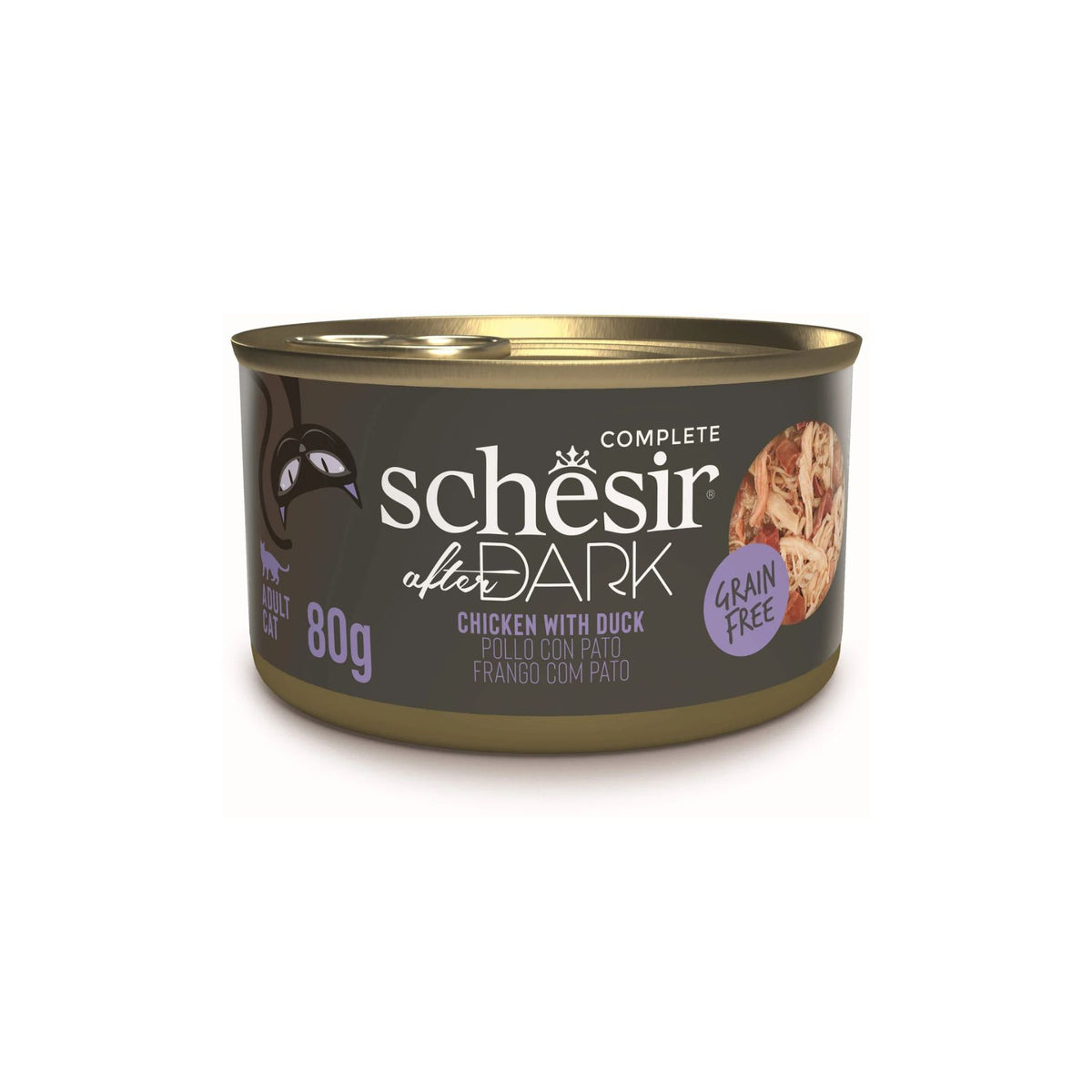 Schesir After Dark, Hrana Umeda pentru Pisici Adult, Conserva cu Pui si Rata in Supa, Fara Cereale, 80g