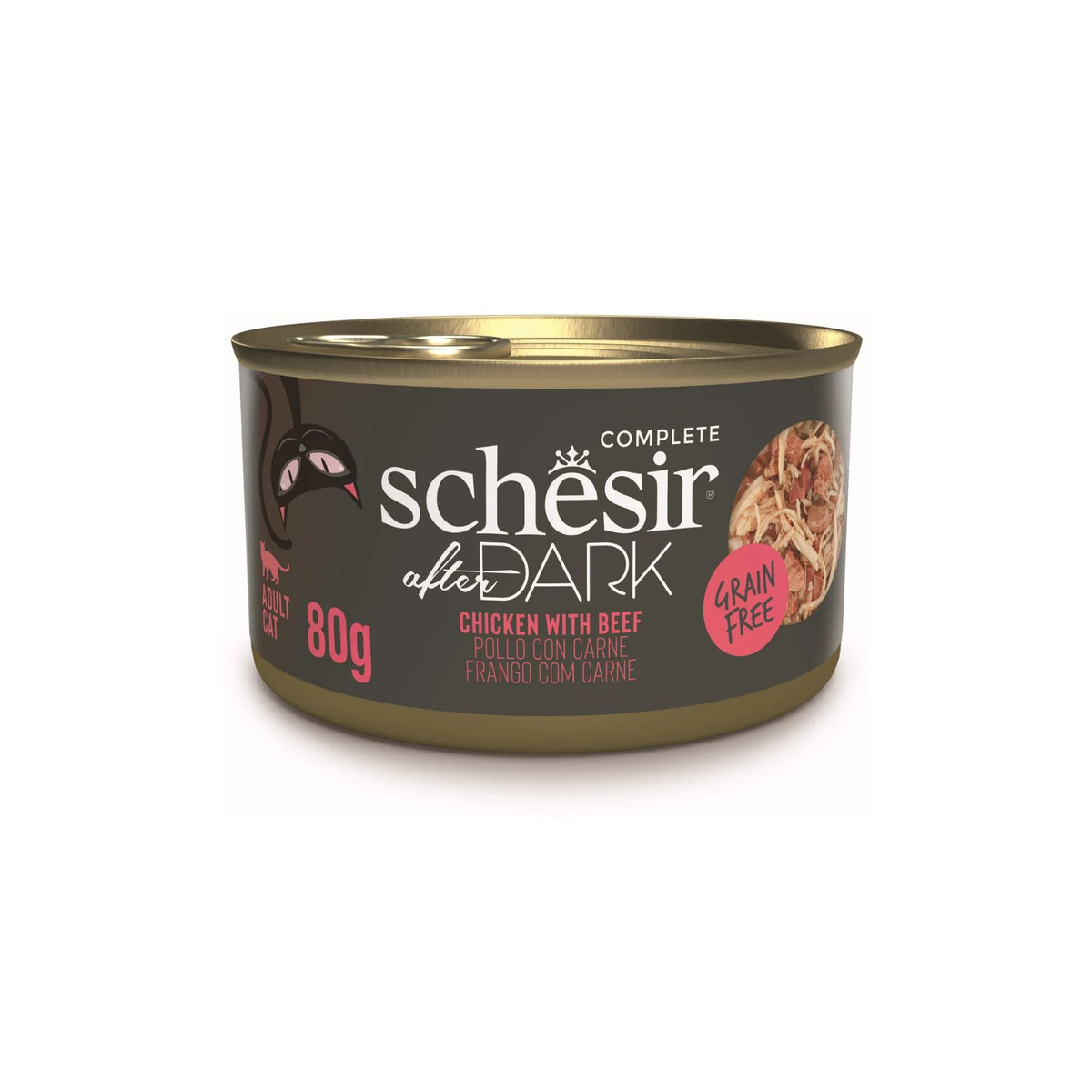 Schesir After Dark, Hrana Umeda pentru Pisici Adult, Conserva cu Pui si Vita in Supa, Fara Cereale, 80g