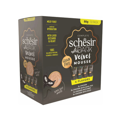Schesir After Dark, Hrana Umeda pentru Pisici Adult, Mousse Pachet 4 Sortimente, Fara Cereale, 12x80g