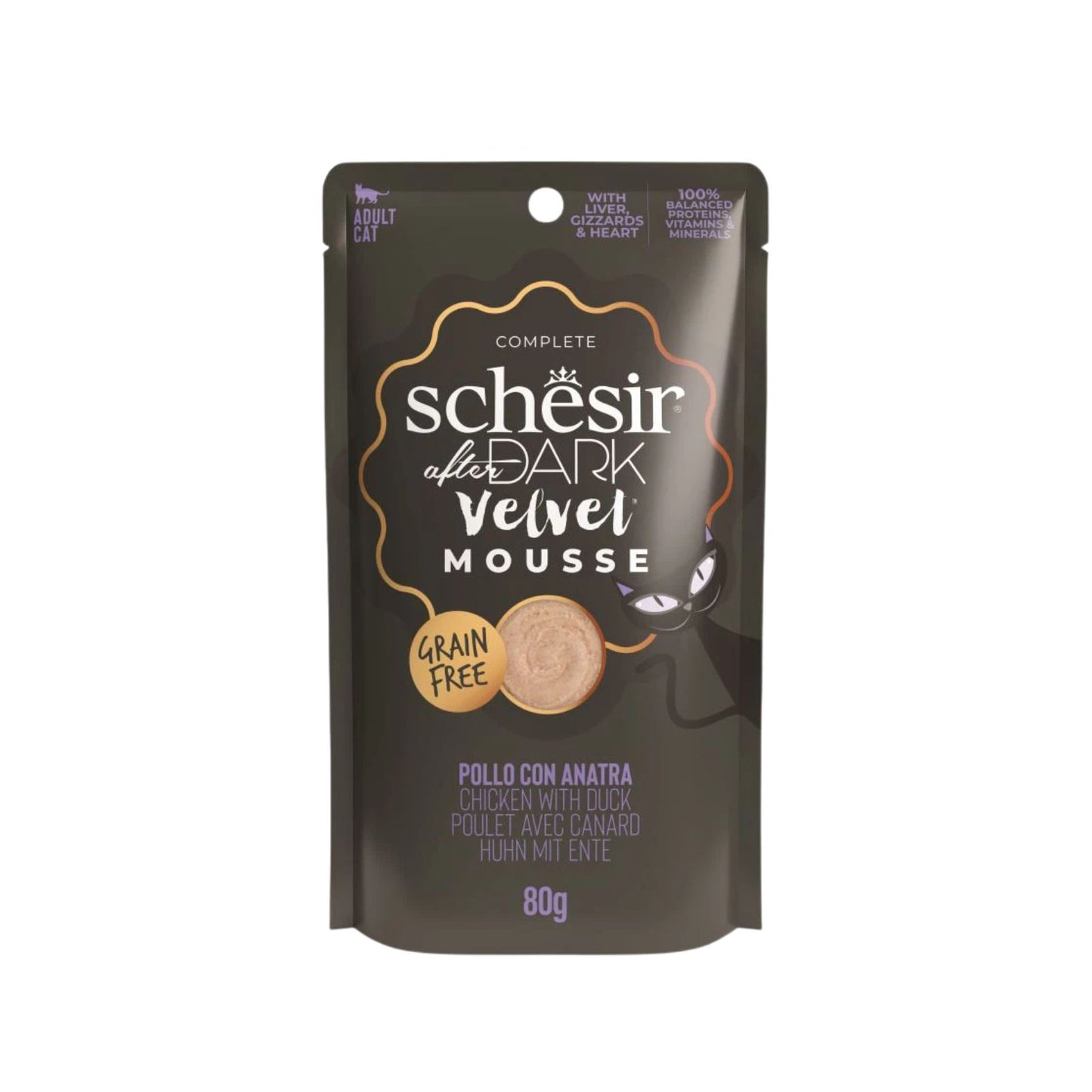 Schesir After Dark, Hrana Umeda pentru Pisici Adult, Mousse cu Pui, Organe si Rata, Fara Cereale, 80g