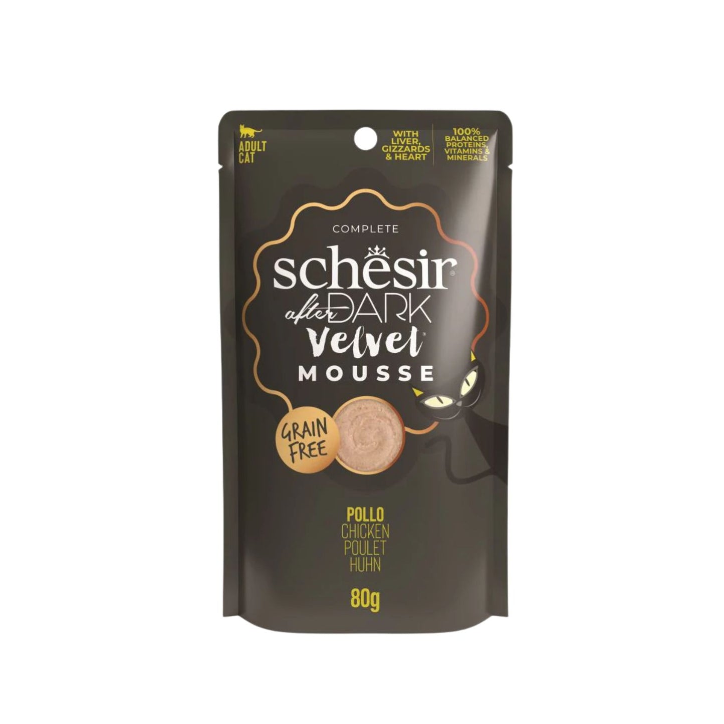 Schesir After Dark, Hrana Umeda pentru Pisici Adult, Mousse cu Pui si Organe, Fara Cereale, 80g