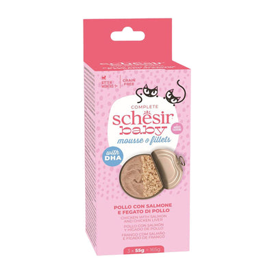 Schesir Baby, Hrana Umeda pentru Pisici Junior, Mousse cu Pui si Somon, Fara Cereale, 3x55g