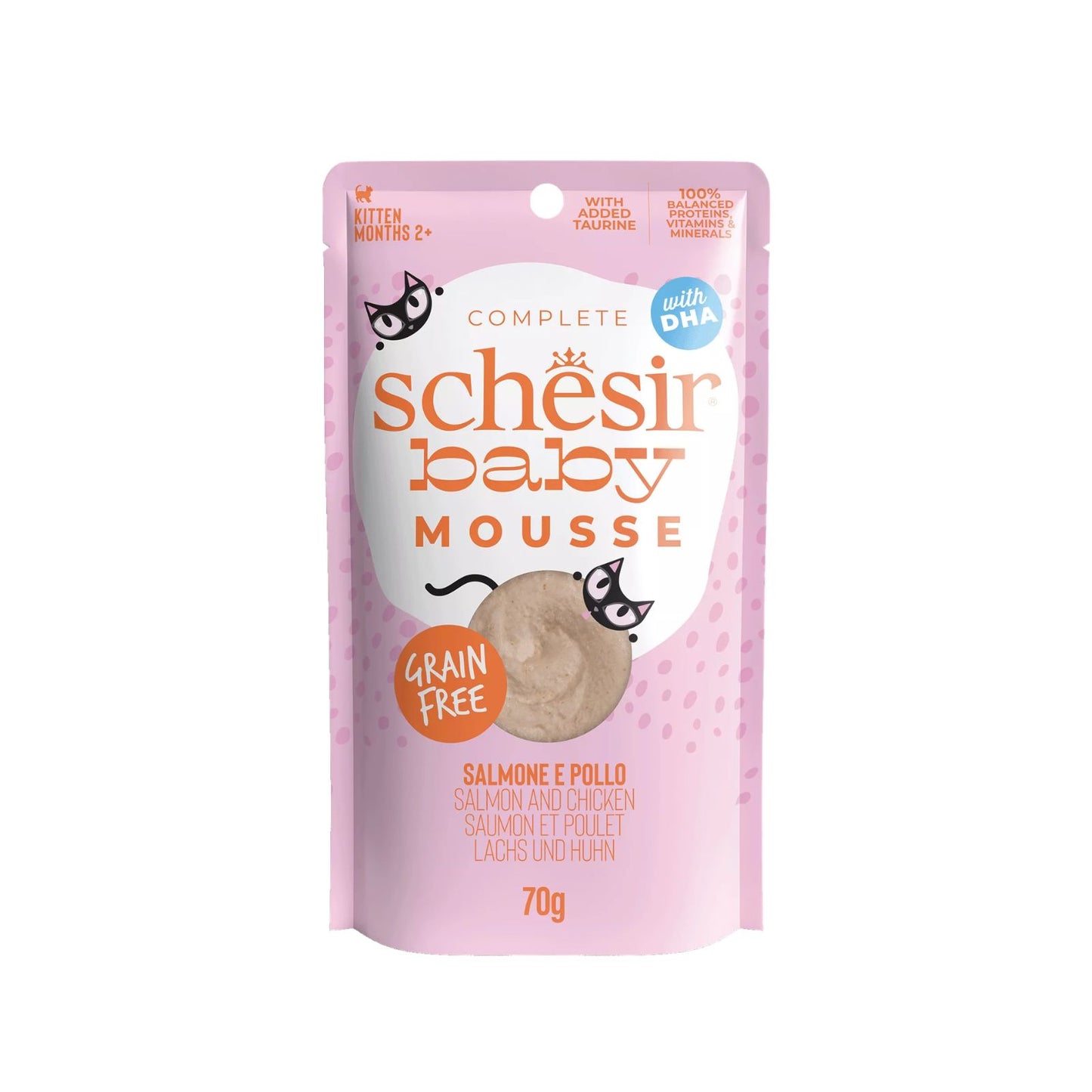 Schesir Baby, Hrana Umeda pentru Pisici Junior, Mousse cu Somon si Pui, Fara Cereale, 70g
