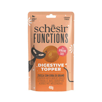Schesir Function Topper Digestion, Hrana Umeda Complementara pentru Pisici Adult, cu Dovleac si Iarba de Grau, Fara Cereale, 40g