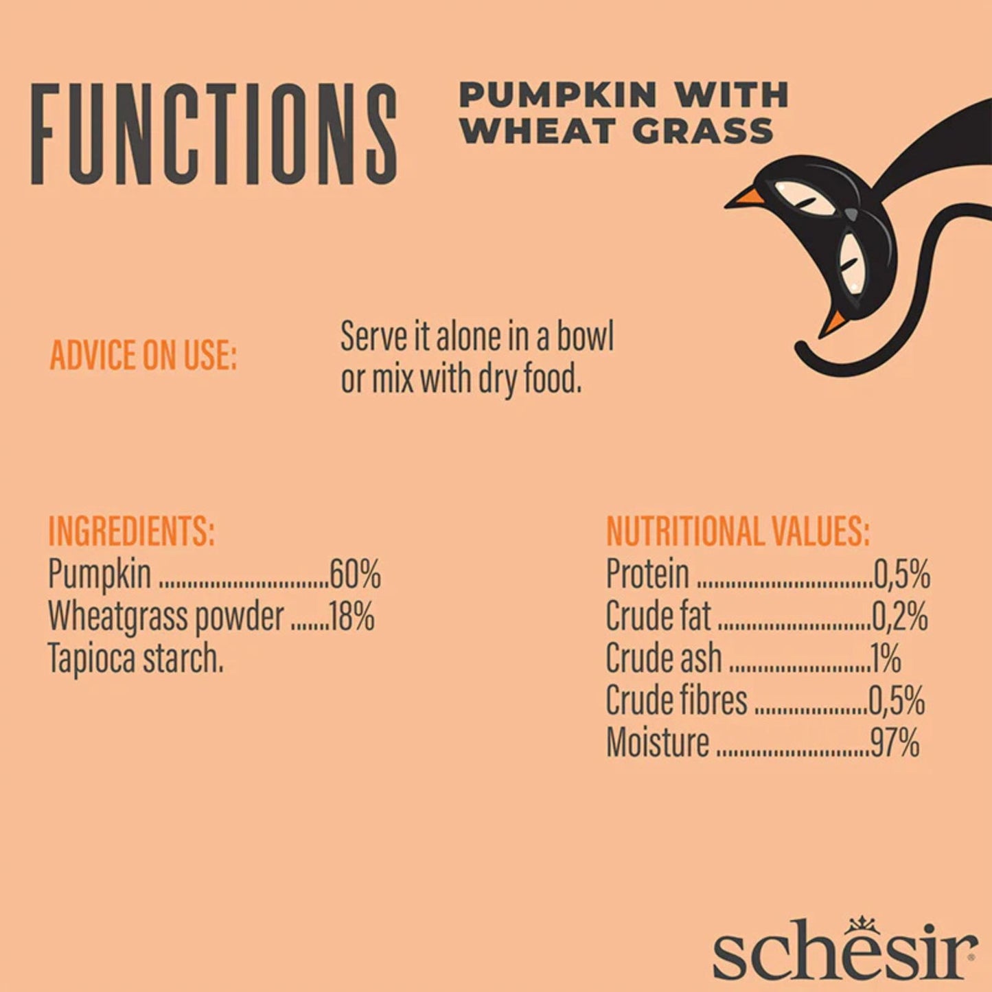 Schesir Function Topper Digestion, Hrana Umeda Complementara pentru Pisici Adult, cu Dovleac si Iarba de Grau, Fara Cereale, 40g