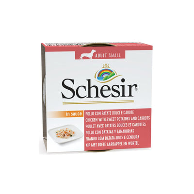 Schesir Hrana Umeda Complementara pentru Caini Adult Talie Mica, cu Pui, Cartof si Morcov 85g