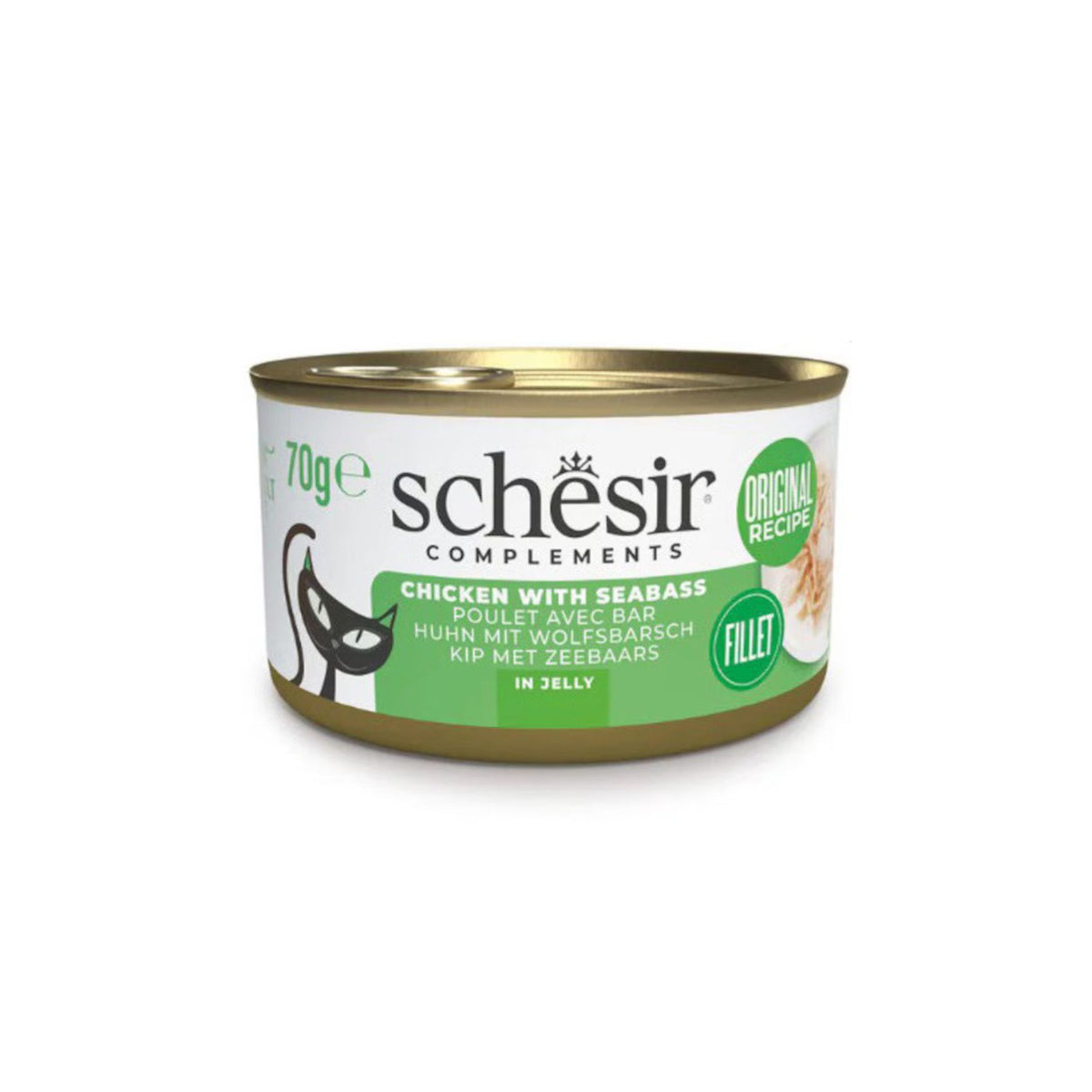 Schesir Hrana Umeda Complementara pentru Pisici Adult, Conserva Pui si Biban in Jeleu 70g