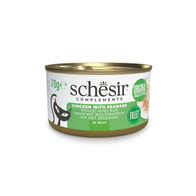 Schesir Hrana Umeda Complementara pentru Pisici Adult, Conserva Pui si Biban in Jeleu 70g