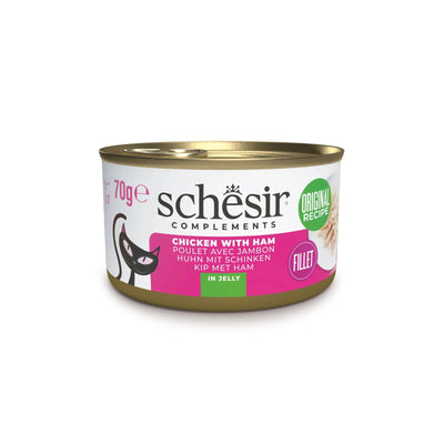 Schesir Hrana Umeda Complementara pentru Pisici Adult, File de Pui cu Sunca in Jeleu, 70g