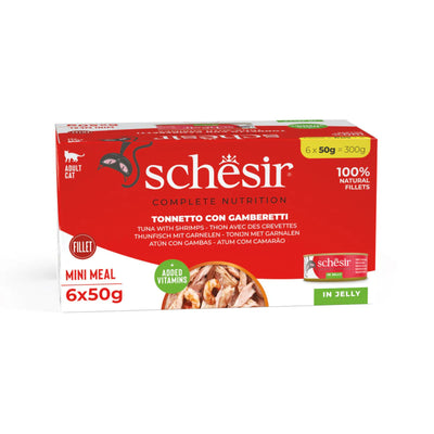Schesir Hrana Umeda Completa pentru Pisici Adult, File de Ton cu Creveti in Jeleu, 6x50g