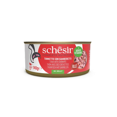 Schesir Hrana Umeda pentru Pisici Adult, Conserva Ton si Creveti in Jeleu 140g