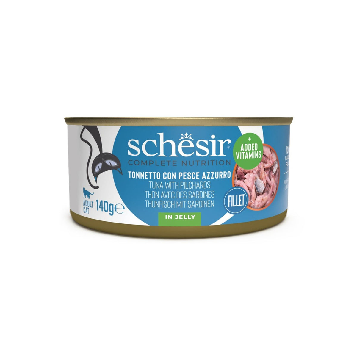Schesir Hrana Umeda pentru Pisici Adult, Conserva Ton si Sardine in Jeleu, 140g