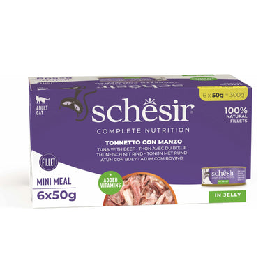 Schesir Hrana Umeda pentru Pisici Adult, Conserva Ton si Vita in Jeleu 6x50g