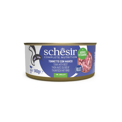 Schesir Hrana Umeda pentru Pisici Adult, Conserva cu Ton si Vita in Jeleu 140g