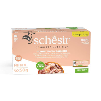 Schesir Hrana Umeda pentru Pisici, Conserva Ton si Somon in Jeleu 6x50g