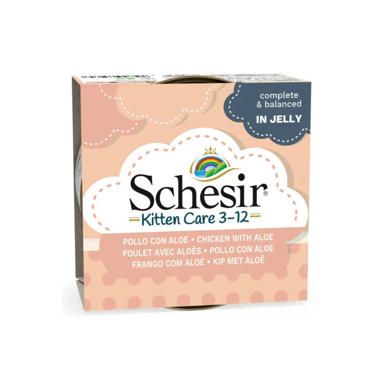 Schesir Kitten Care 3-12 Hrana Umeda pentru Pisici Junior, Fileuri Pui cu Aloe in Gelatina, 85g