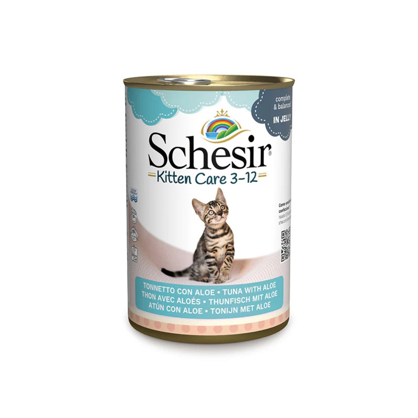Schesir Kitten Care 3-12 luni, Hrana Umeda pentru Pisici Junior, Fileuri de Ton cu Aloe in Jeleu, 140g