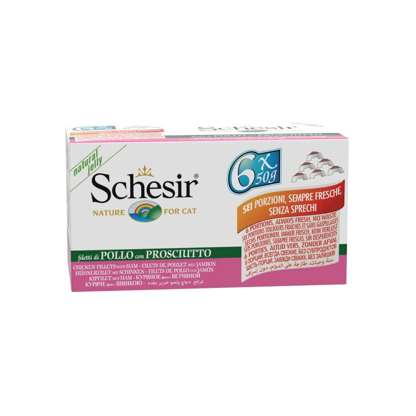 Schesir Multipack 6x50g, Hrana Umeda pentru Pisici, Fileuri de Pui cu Sunca in Jeleu, 300g
