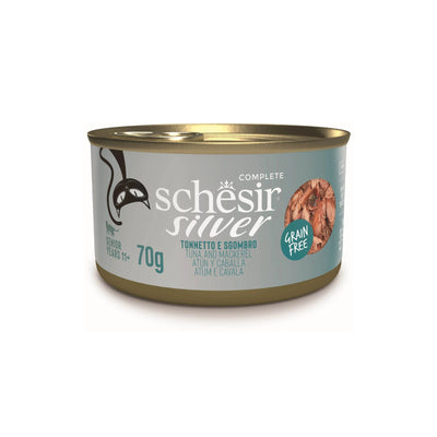 Schesir Silver, Hrana Umeda pentru Pisici Senioare, cu Ton si Macrou in Supa, Fara Cereale, 70g