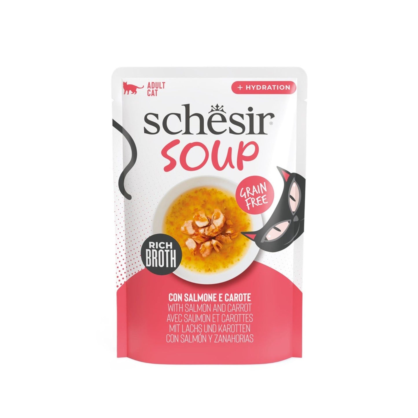 Schesir Soup, Hrana Umeda Complementara pentru Pisici Adult, Supa cu Somon Roz si Morcov, Fara Cereale, 40g