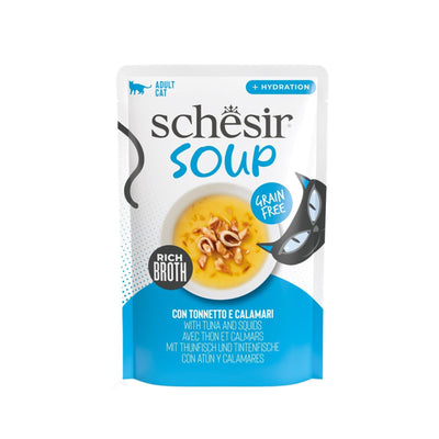 Schesir Soup, Hrana Umeda Complementara pentru Pisici Adult, Supa cu Ton si Calamar, Fara Cereale, 40g