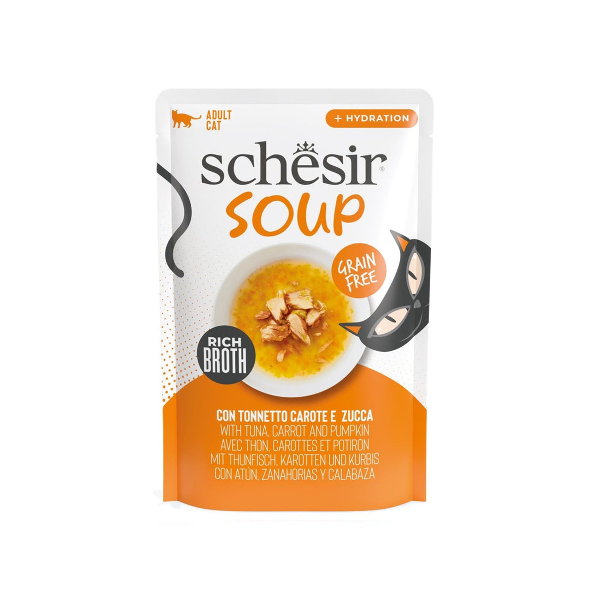 Schesir Soup, Hrana Umeda Complementara pentru Pisici Adult, Supa cu Ton si Dovleac, Fara Cereale, 40g