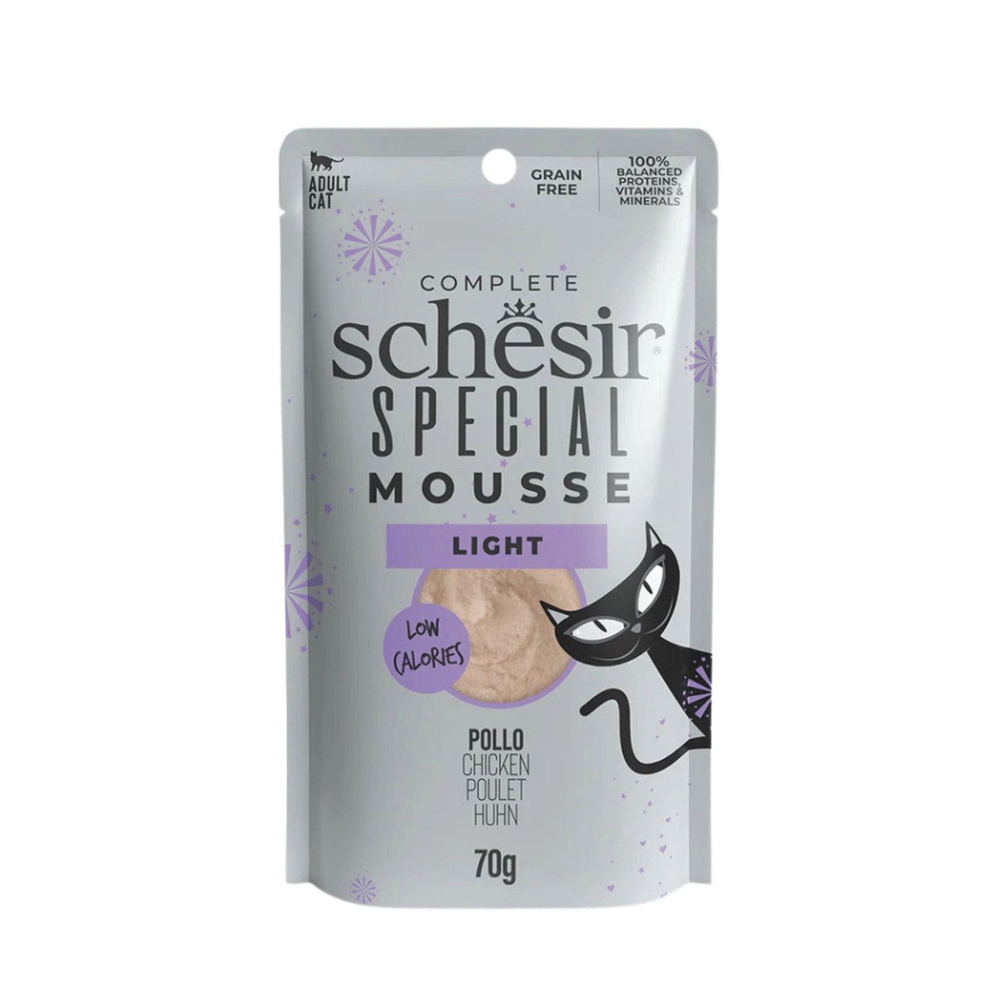 Schesir Special Light, Hrana Umeda pentru Pisici Adult, Mousse cu Pui si Curcan, Controlul Greutatii, Fara Cereale, 70g