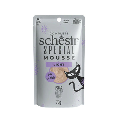 Schesir Special Light, Hrana Umeda pentru Pisici Adult, Mousse cu Pui si Curcan, Controlul Greutatii, Fara Cereale, 70g