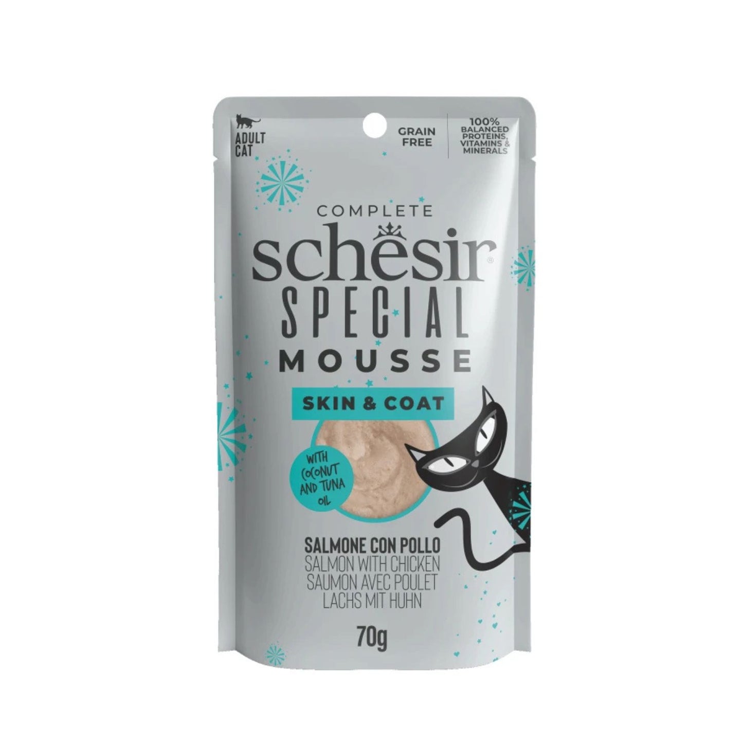 Schesir Special Skin & Coat, Hrana Umeda pentru Pisici Adult, Mousse cu Somon si Pui, Ulei de Cocos, Fara Cereale, 70g