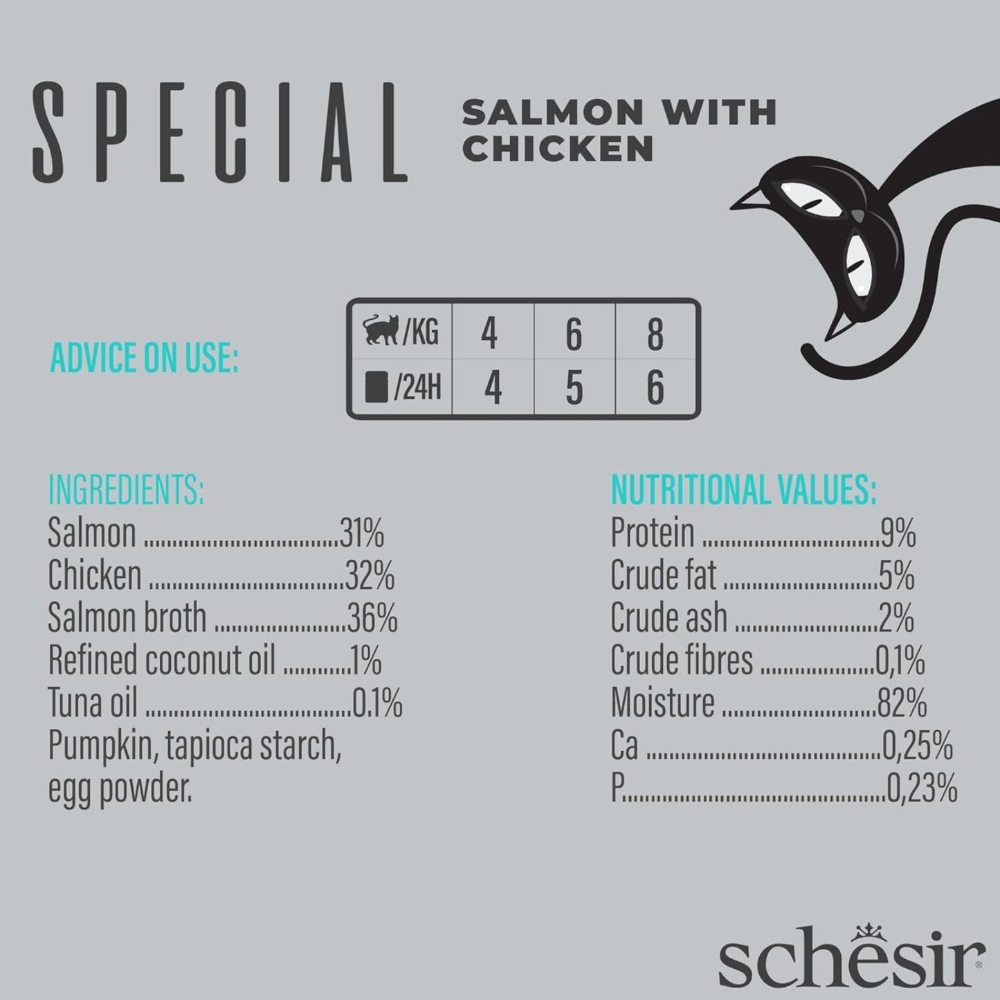 Schesir Special Skin & Coat, Hrana Umeda pentru Pisici Adult, Mousse cu Somon si Pui, Ulei de Cocos, Fara Cereale, 70g