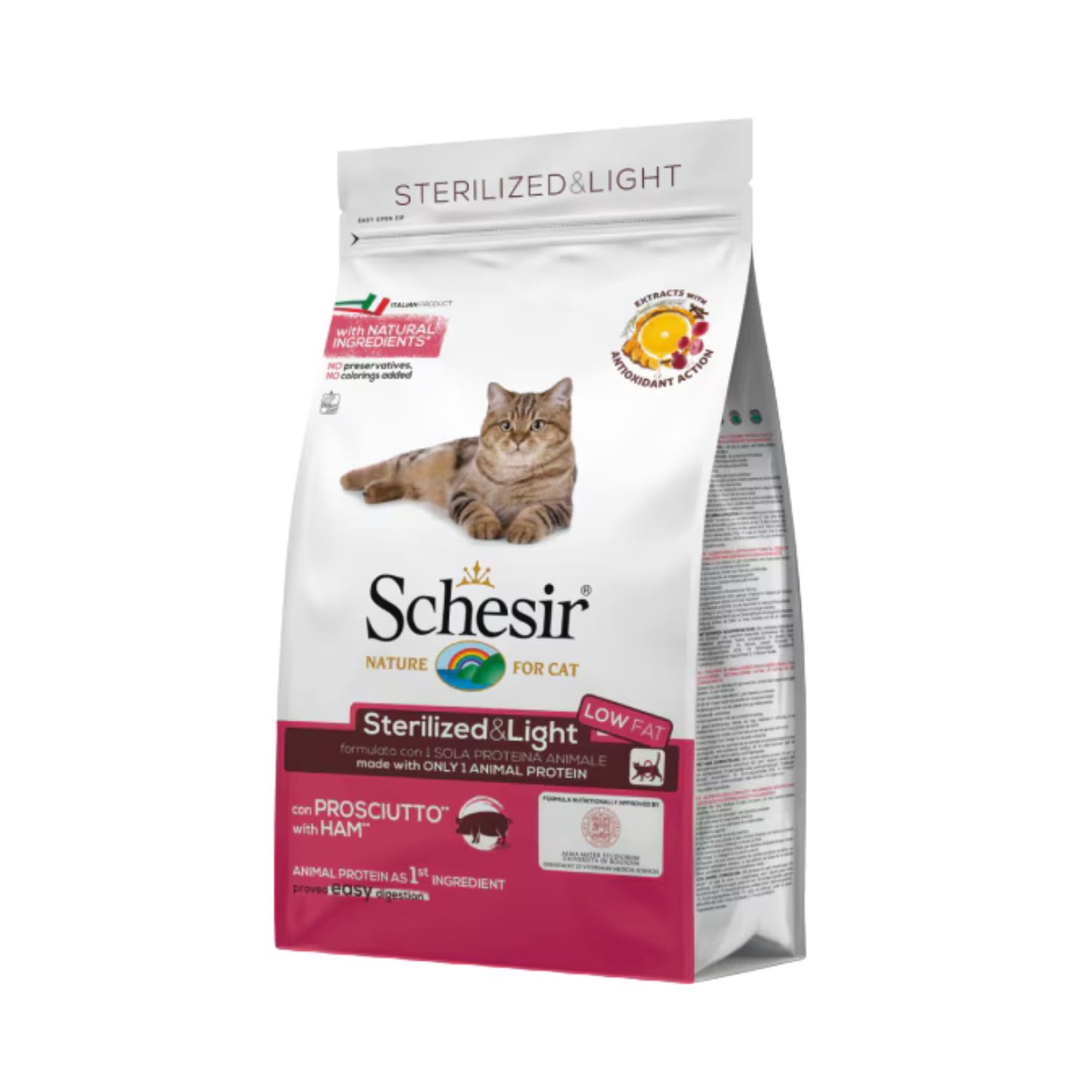 Schesir Sterilised & Light Monoprotein, Hrana Uscata pentru Pisici Sterilizate, cu Sunca, Control Greutate, 400g