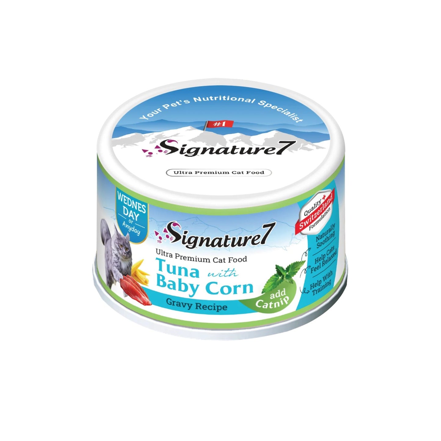 Signature7 Cat, Hrana Umeda pentru Pisici, Reteta cu Ton in Sos de Porumb Baby 70g