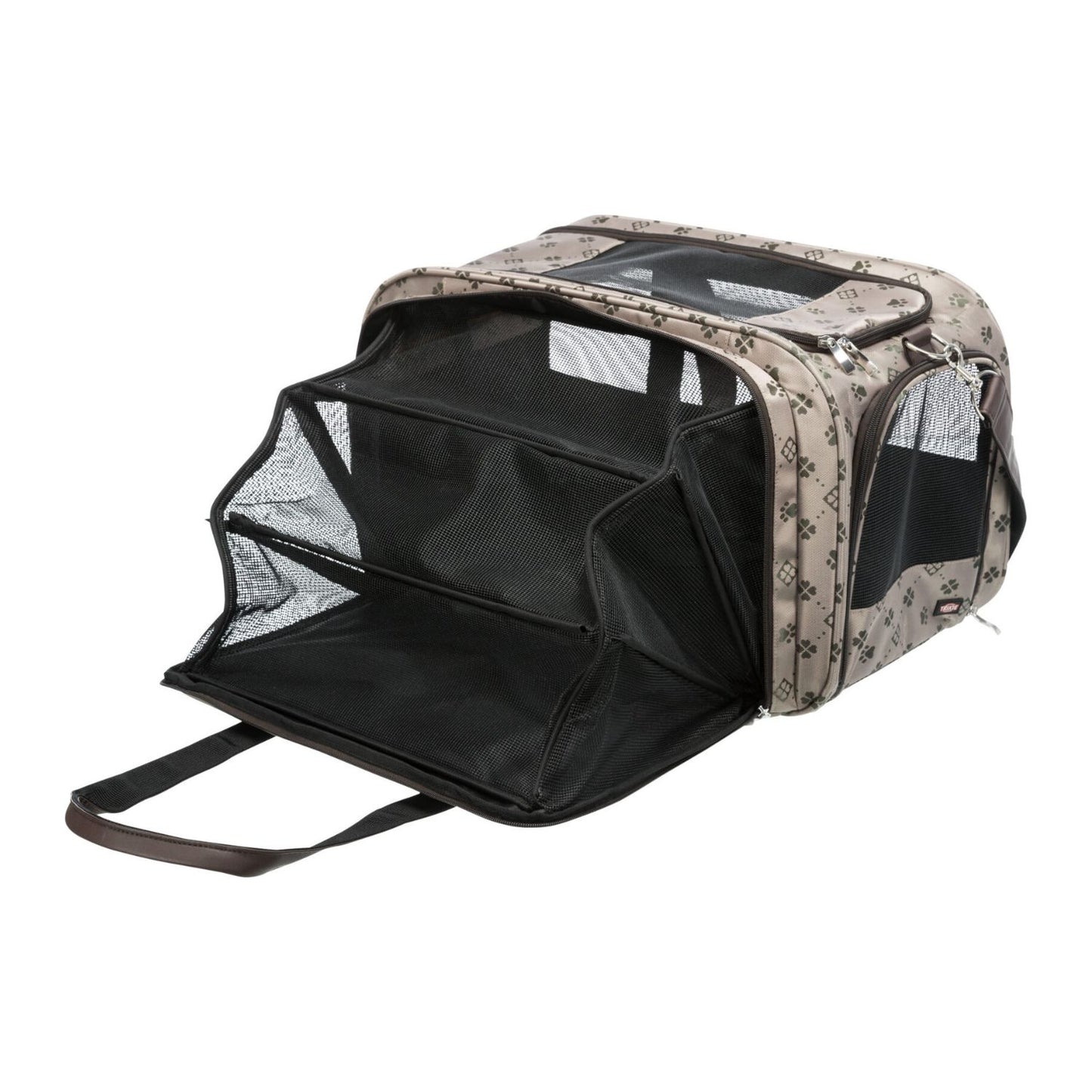 Trixie Geanta Transport Extensibila Maxima, Pisici si Caini pana la 8kg, Bej cu Model Labute, 33x32x54cm