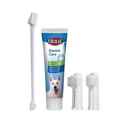 Trixie Set Igiena Dentara pentru Caini, Pasta de Dinti cu Menta 100g si 3 Periute, 4 piese