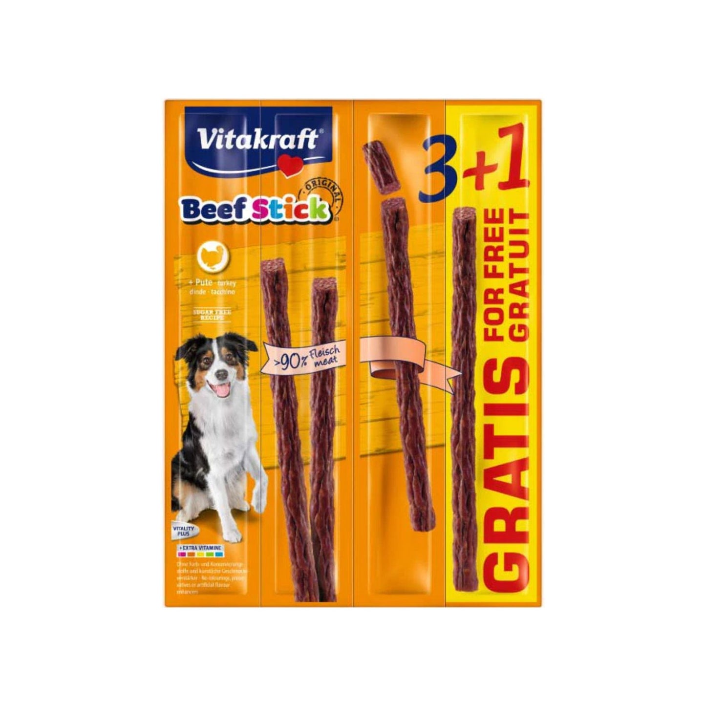 Vitakraft Beef Stick, Recompense pentru Caini cu Curcan, Pachet Promotional 3+1 Gratis, 4 bucati, 48g
