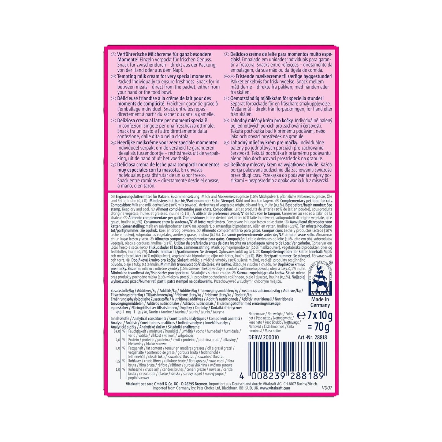 Vitakraft Cat Milky Melody, Recompense Cremoase pentru Pisici cu Lapte, 7 plicuri x 10 g, 70g