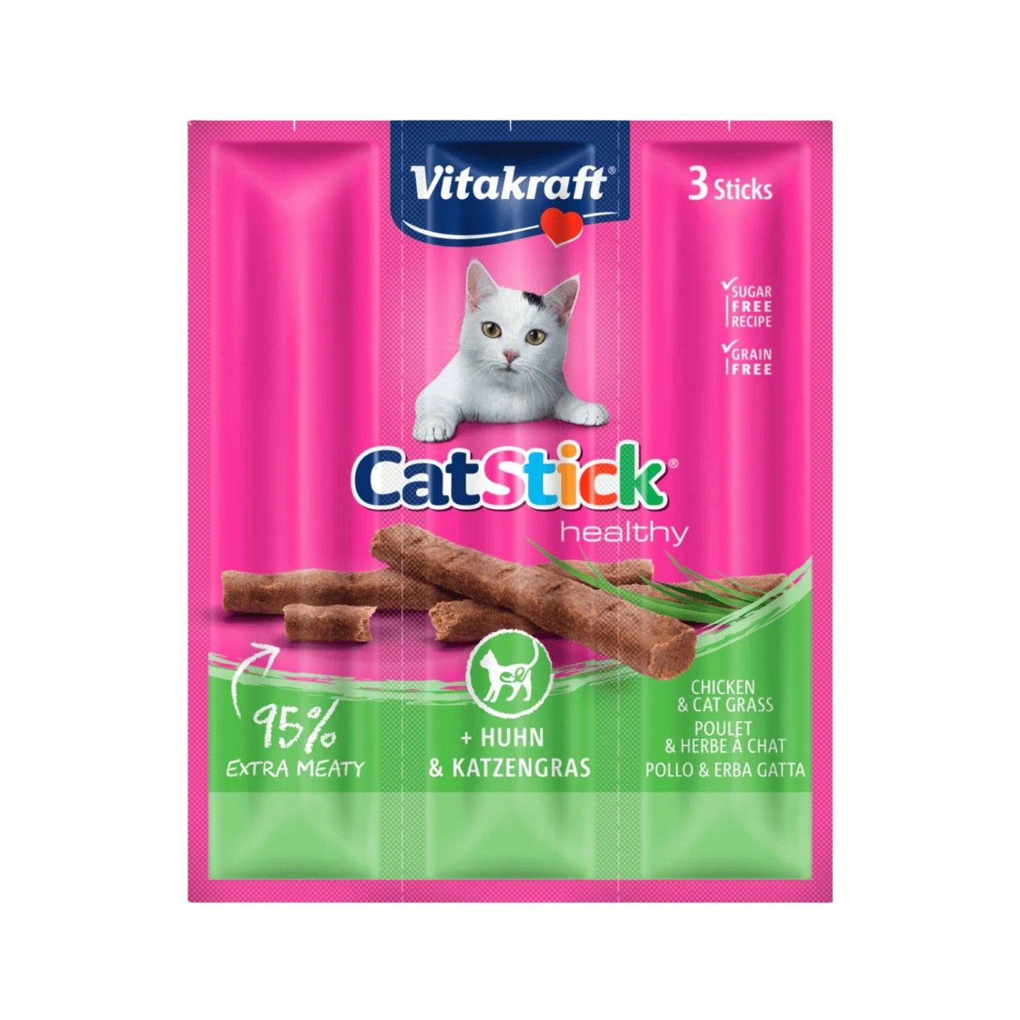 Vitakraft Cat Stick Healthy, Recompense pentru Pisici cu Pui si Iarba Pisicii, 18g