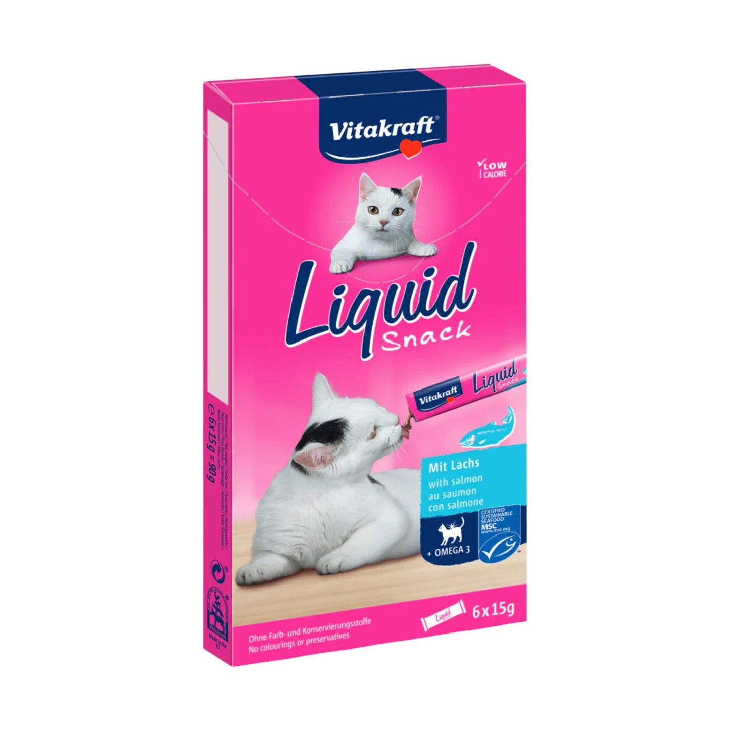 Vitakraft Liquid Snack, Recompensa Lichida Cremoasa pentru Pisici, cu Somon si Omega-3, 6 x 15g, 90g