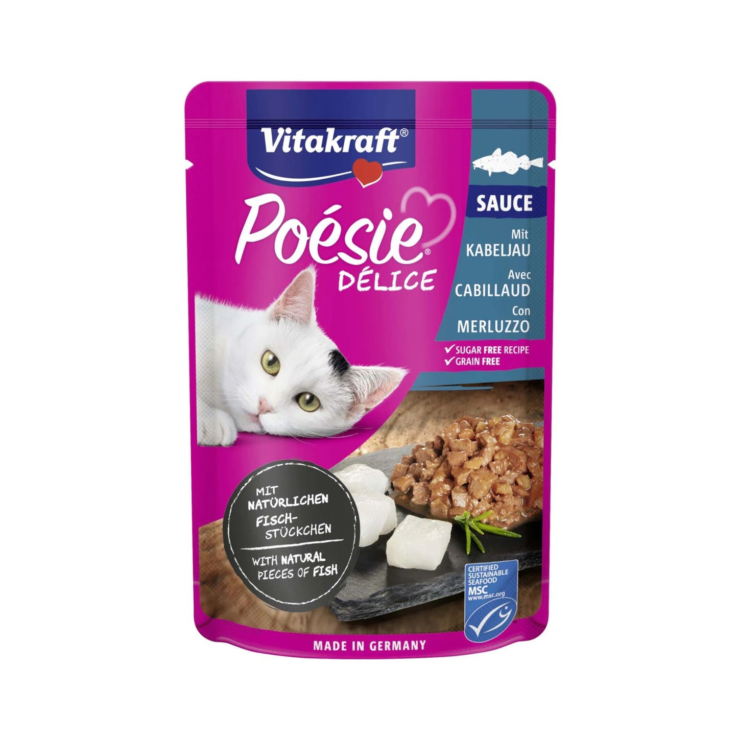 Vitakraft Poesie Delice Sauce, Hrana Umeda pentru Pisici cu Cod in Sos, Plic 85g