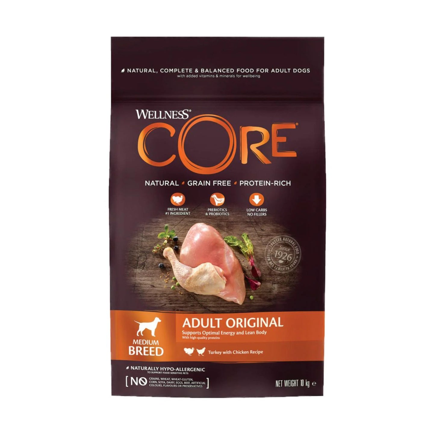 Wellness CORE Adult Original – Hrana Uscata pentru Caini Talie Medie, cu Curcan si Pui, Fara Cereale, 10 kg