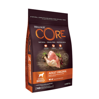 Wellness CORE Adult Original – Hrana Uscata pentru Caini Talie Medie, cu Curcan si Pui, Fara Cereale, 10 kg