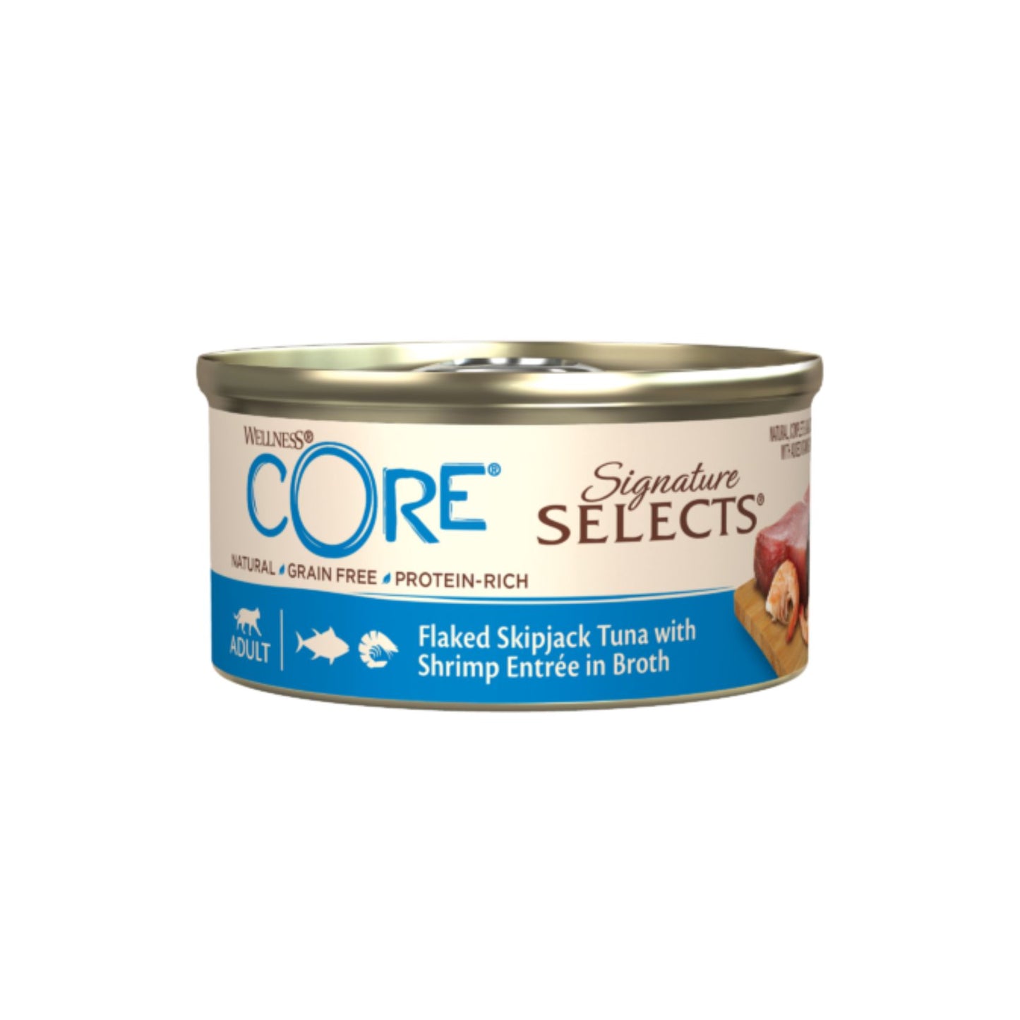 Wellness CORE Signature Selects, Hrana Umeda pentru Pisici cu Ton si Creveti in Supa, Fara Cereale, Conserva, 79g