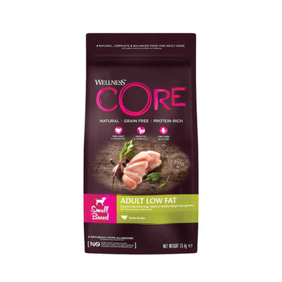 Wellness CORE Small Breed Low Fat (Continut Scazut de Grasimi) – Hrana Uscata pentru Caini Talie Mica, cu Curcan, pentru Slabit si Control Greutate, Fara Cereale, 1.5 kg
