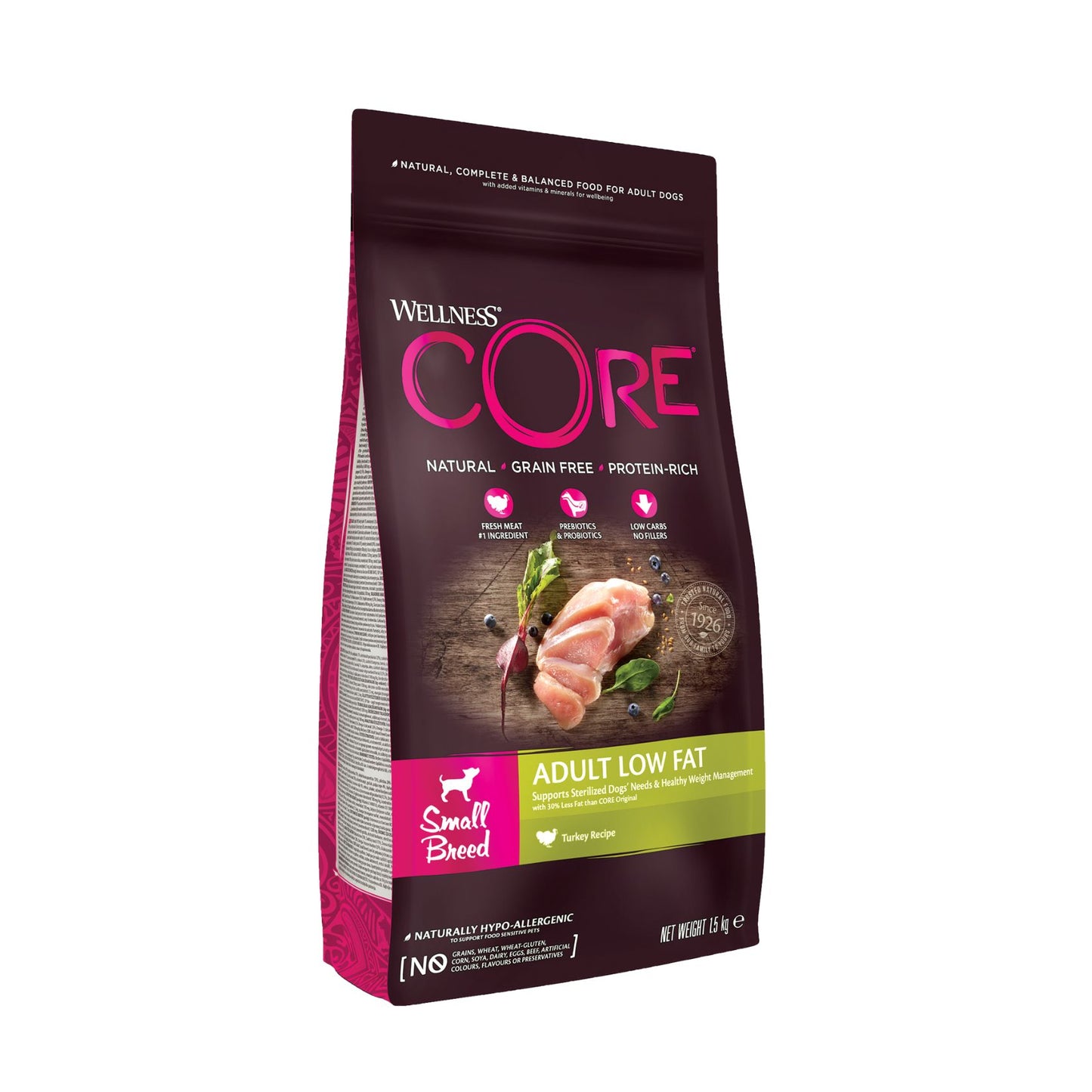 Wellness CORE Small Breed Low Fat (Continut Scazut de Grasimi) – Hrana Uscata pentru Caini Talie Mica, cu Curcan, pentru Slabit si Control Greutate, Fara Cereale, 1.5 kg