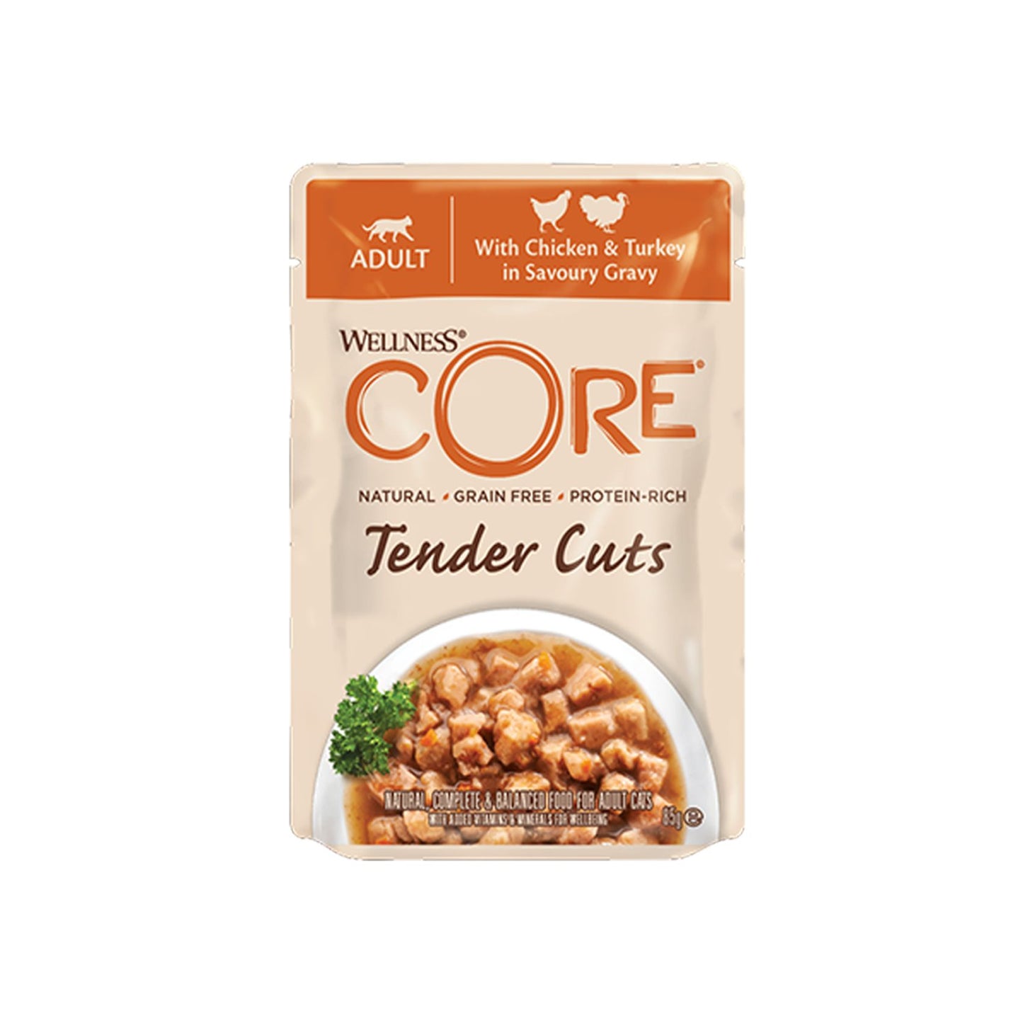 Wellness CORE Tender Cuts, Hrana Umeda pentru Pisici, cu Pui si Curcan in Sos, Fara Cereale, Plic, 85g