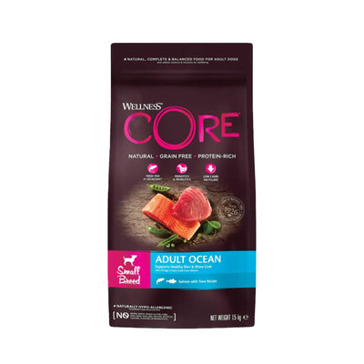 Wellness CORE Small Breed Ocean, Hrana Uscata pentru Caini Talie Mica, cu Somon si Ton, Sanatate Piele si Blana, Fara Cereale, 1.5 kg