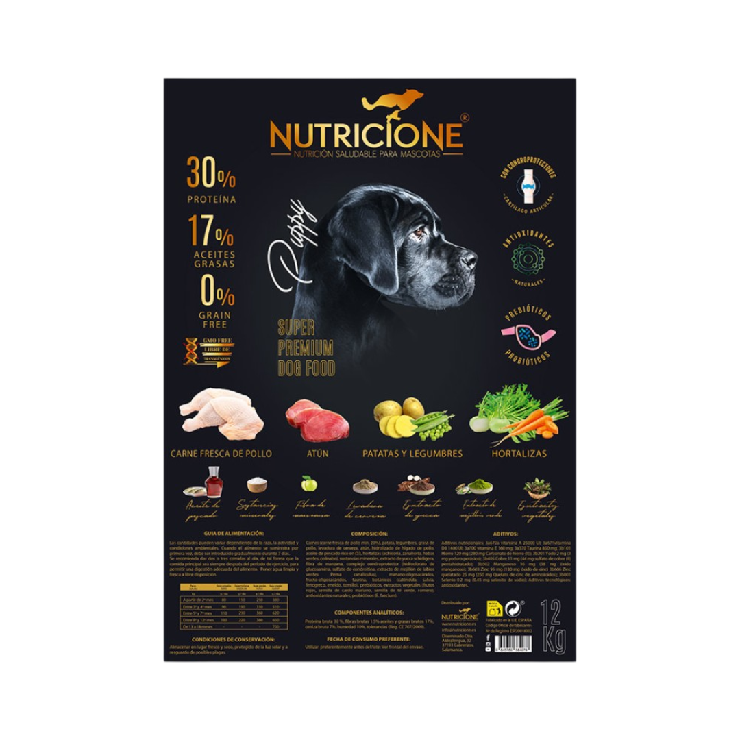 Etichetă hrană uscată Nutricione pentru câini junior cu pui și ton – ingrediente și beneficii nutriționale