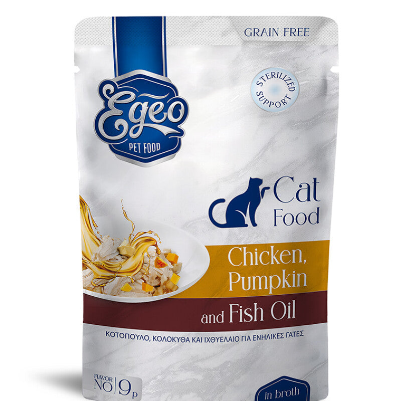 EGEO Cat Adult cu Pui, Dovleac & Ulei de Peste in Sos 85g