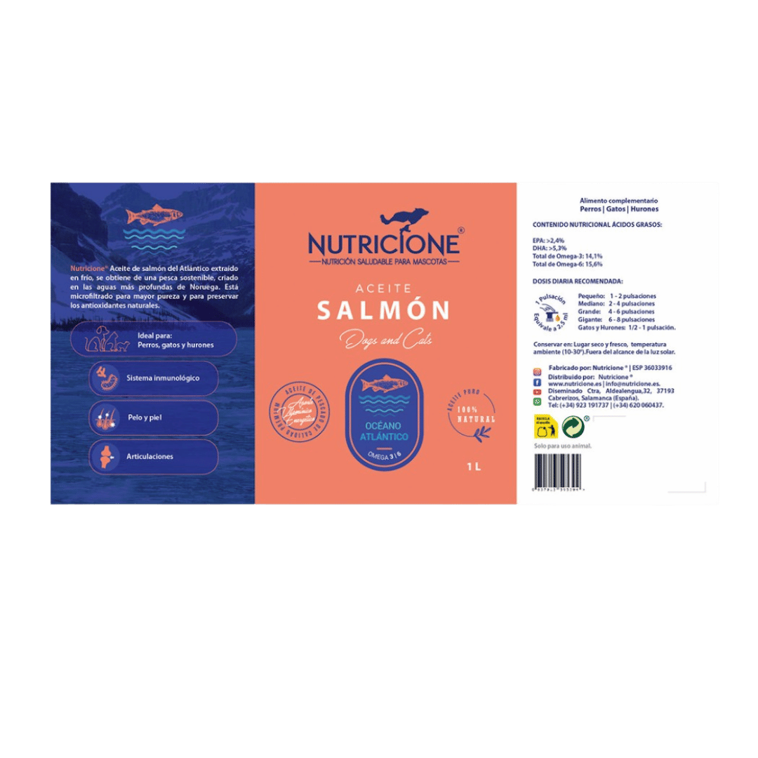 Etichetă ulei de somon Nutricione 1L-  compoziție și beneficii pentru piele, blană și imunitate