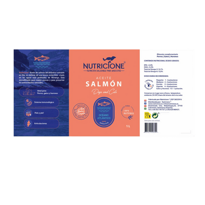 Etichetă ulei de somon Nutricione 1L-  compoziție și beneficii pentru piele, blană și imunitate